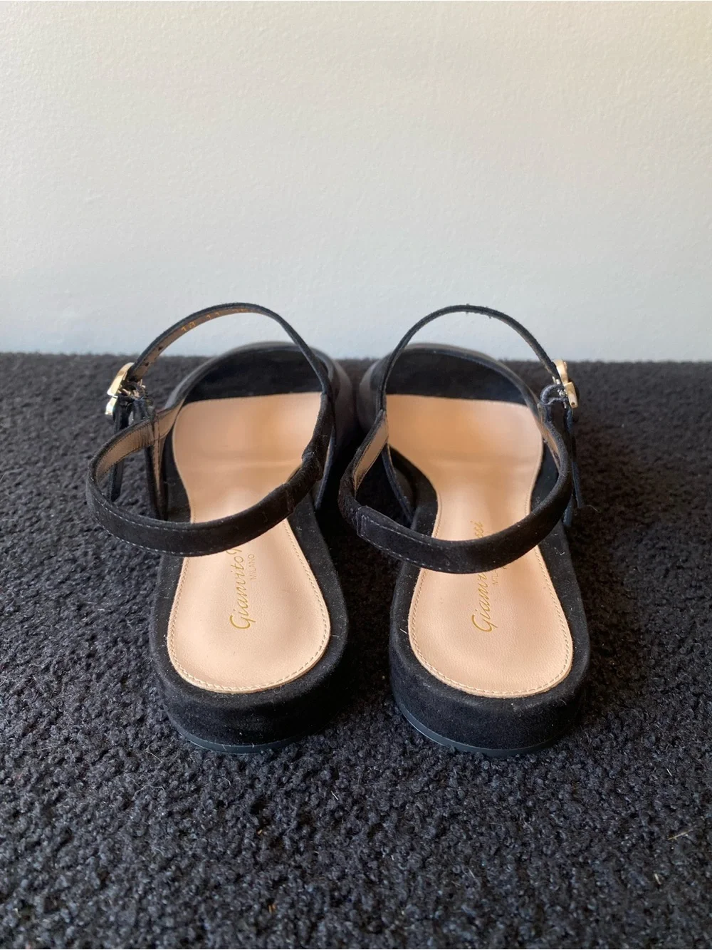 Gianvito Rossi Black Mesh Slingback Flats with Gold Buckle